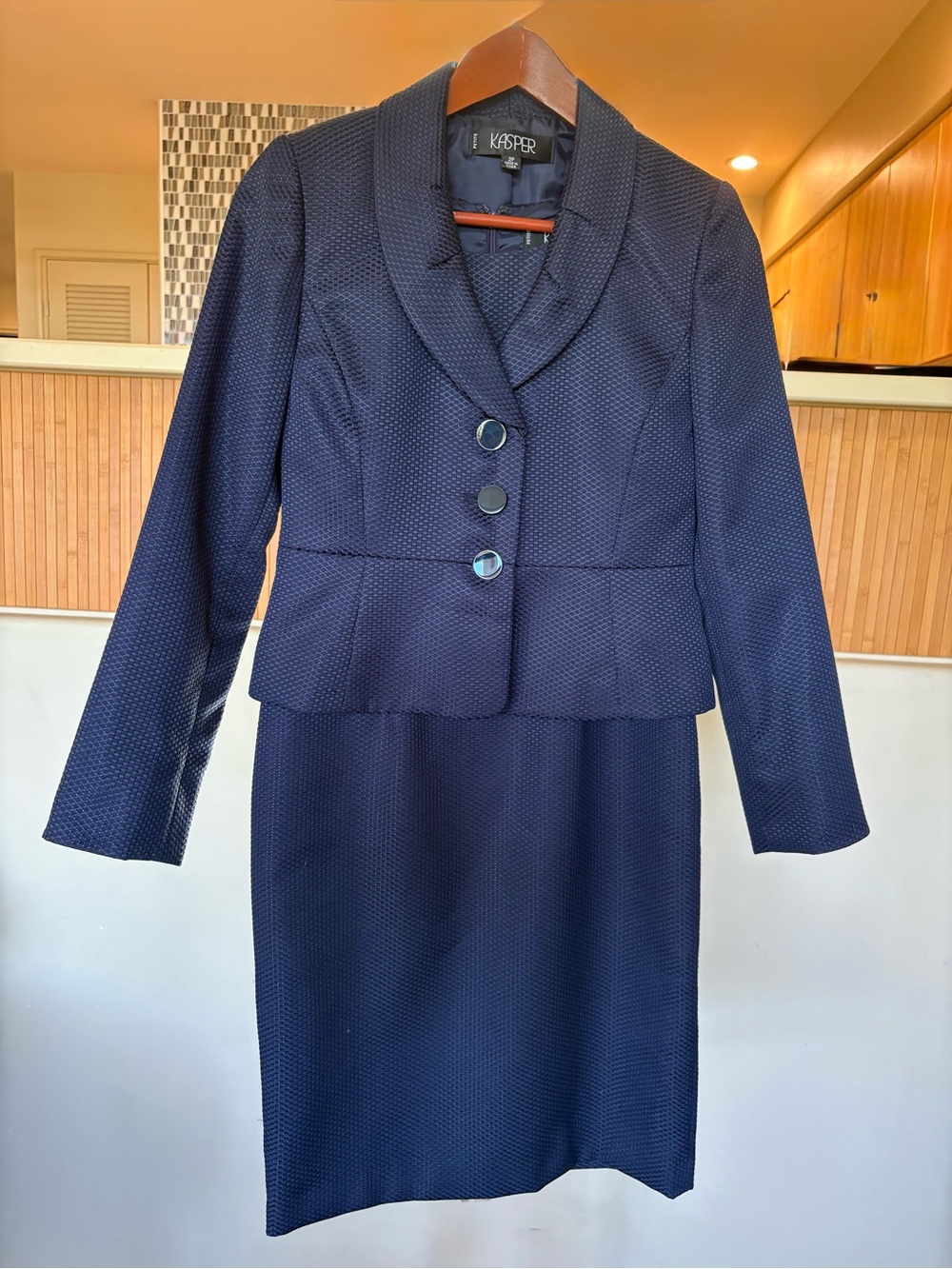 Kasper Navy Textured Two-Piece Blazer & Skirt Set